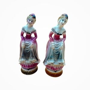 Occupied Japan Porcelain Victorian Lady Figurines 7.25" Vintage Hand-Painted EUC